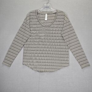 Athleta Womens Top Cloudlight Stratus Striped Black Beige Long Sleeve Size S